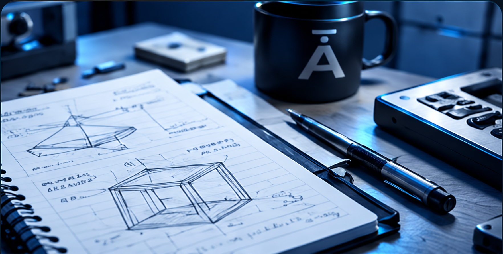 Design sketches in an open notebook