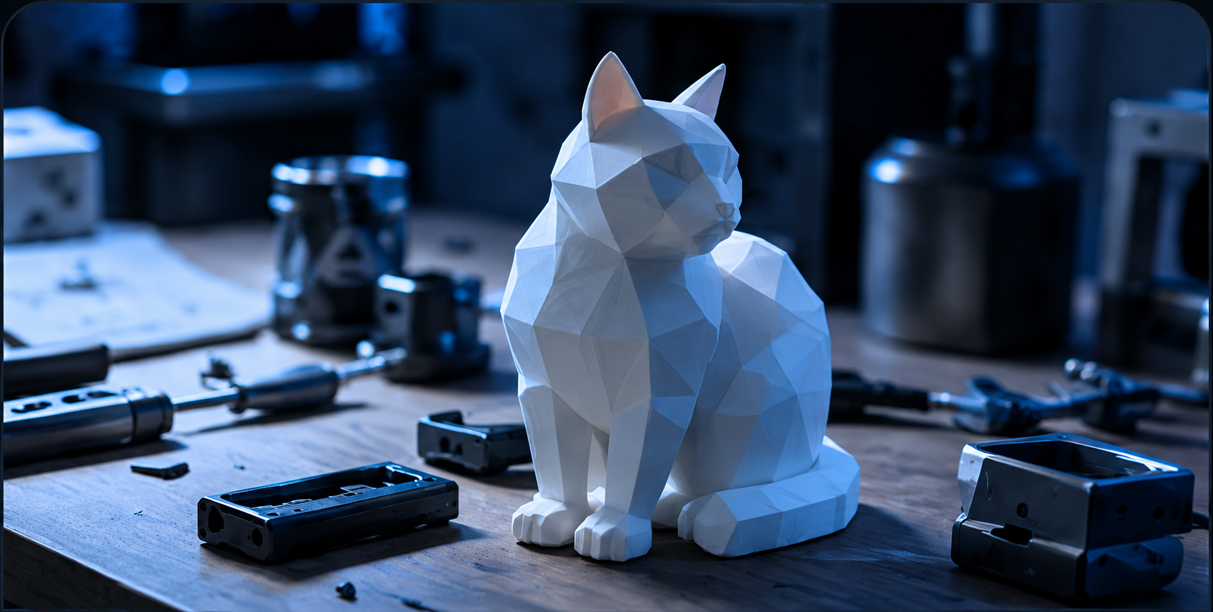 Cat sculpture on a workshop bench