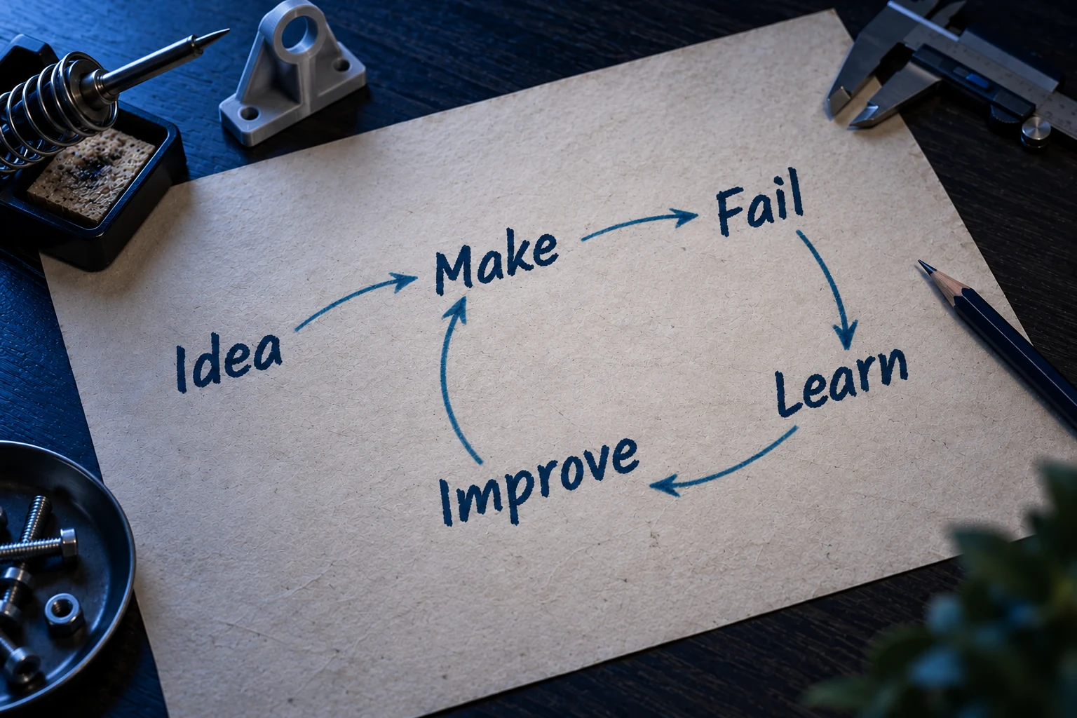 Hand-drawn loop on workshop paper: Idea to Make, Fail, Learn, Improve, then back to Make