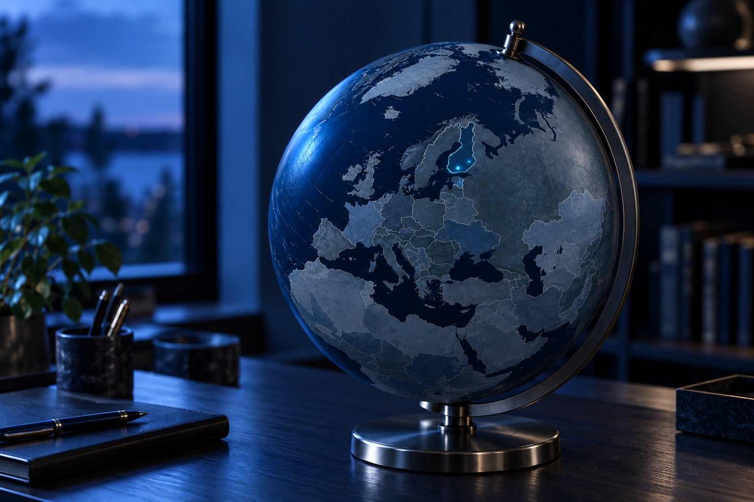 Desk globe showing Europe with Finland marked in blue