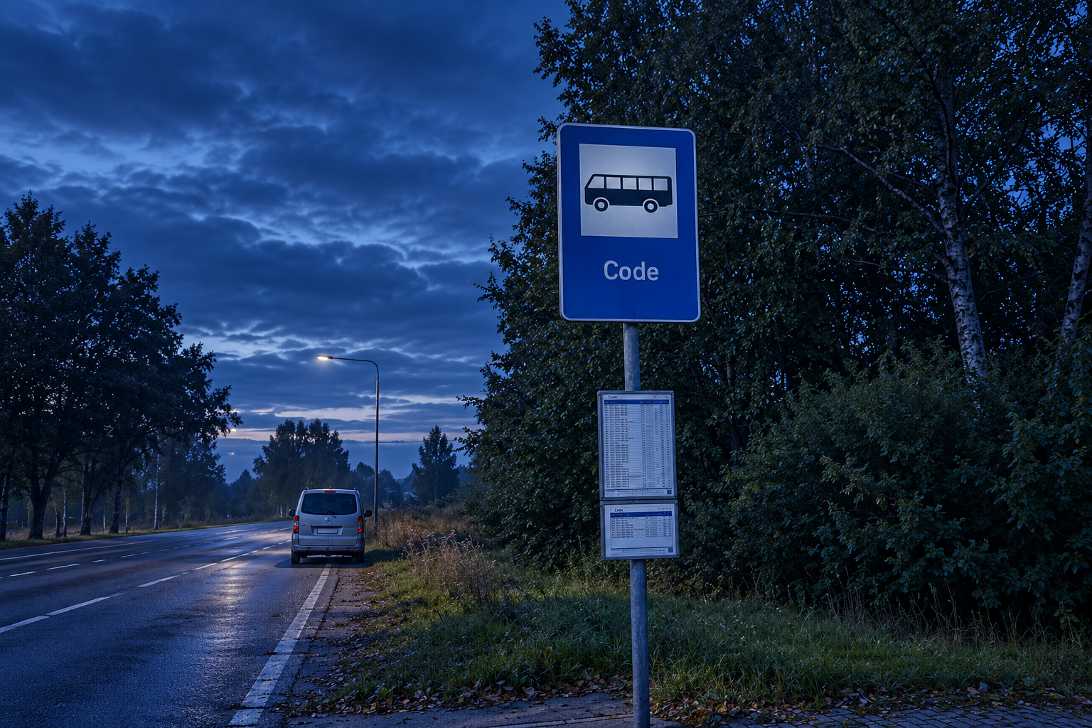 The Code bus stop sign beside the parked Nissan NV200 van