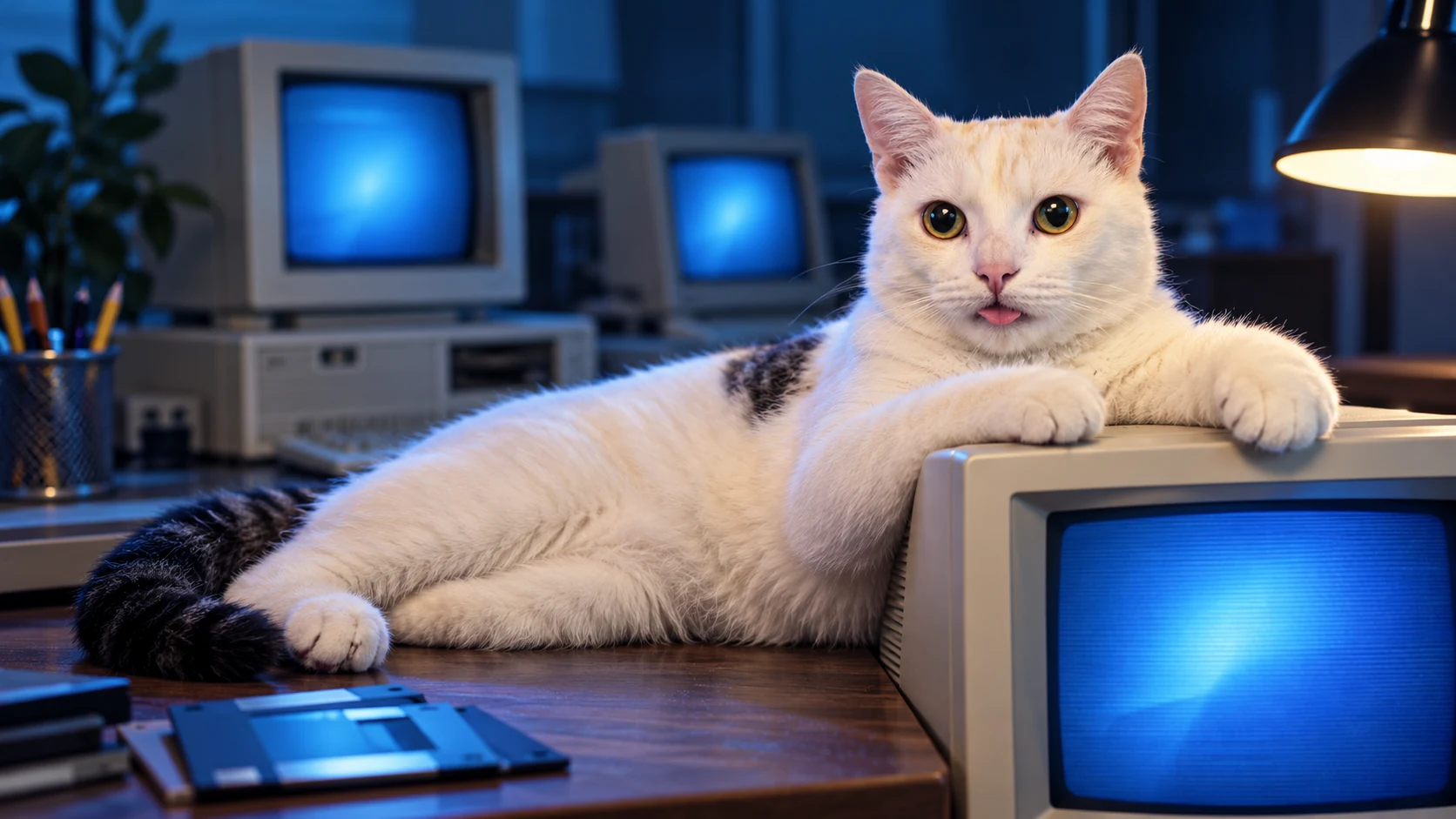 Ruma the cat posing beside vintage computers in a playful maker portrait