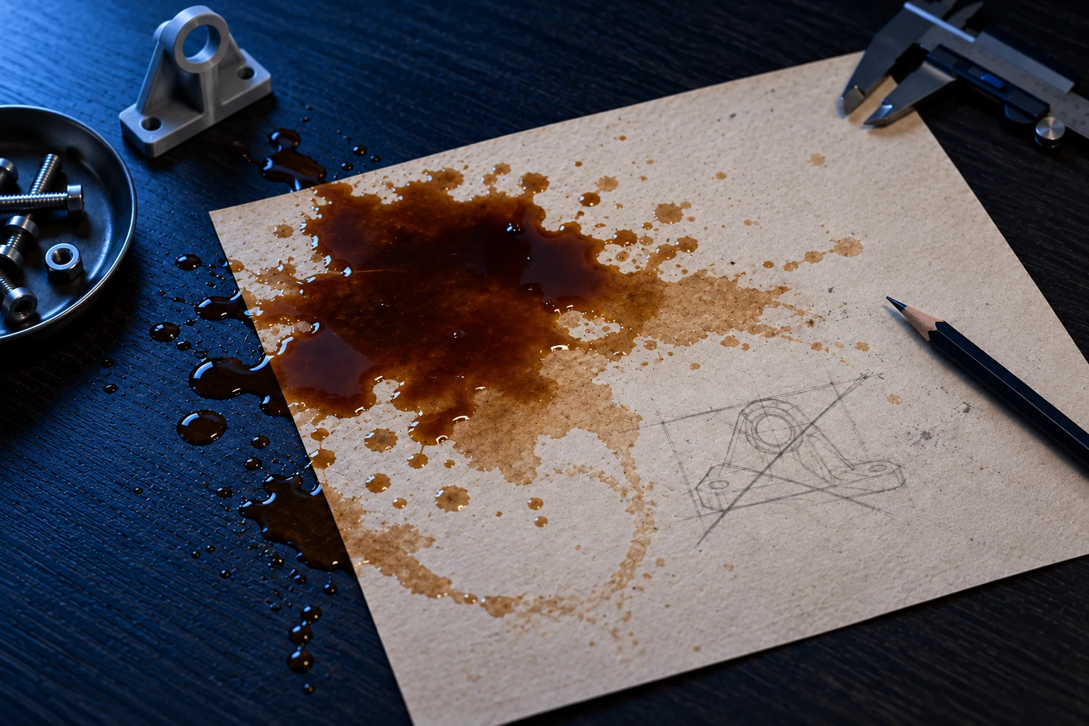 Coffee spilled across a workshop sketch on a blue-lit desk